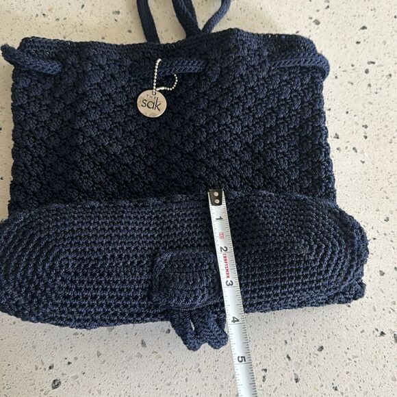 The Sak Crochet Navy Blue Backpack Drawstring Shoulder Bag Handmade EUC main image 5